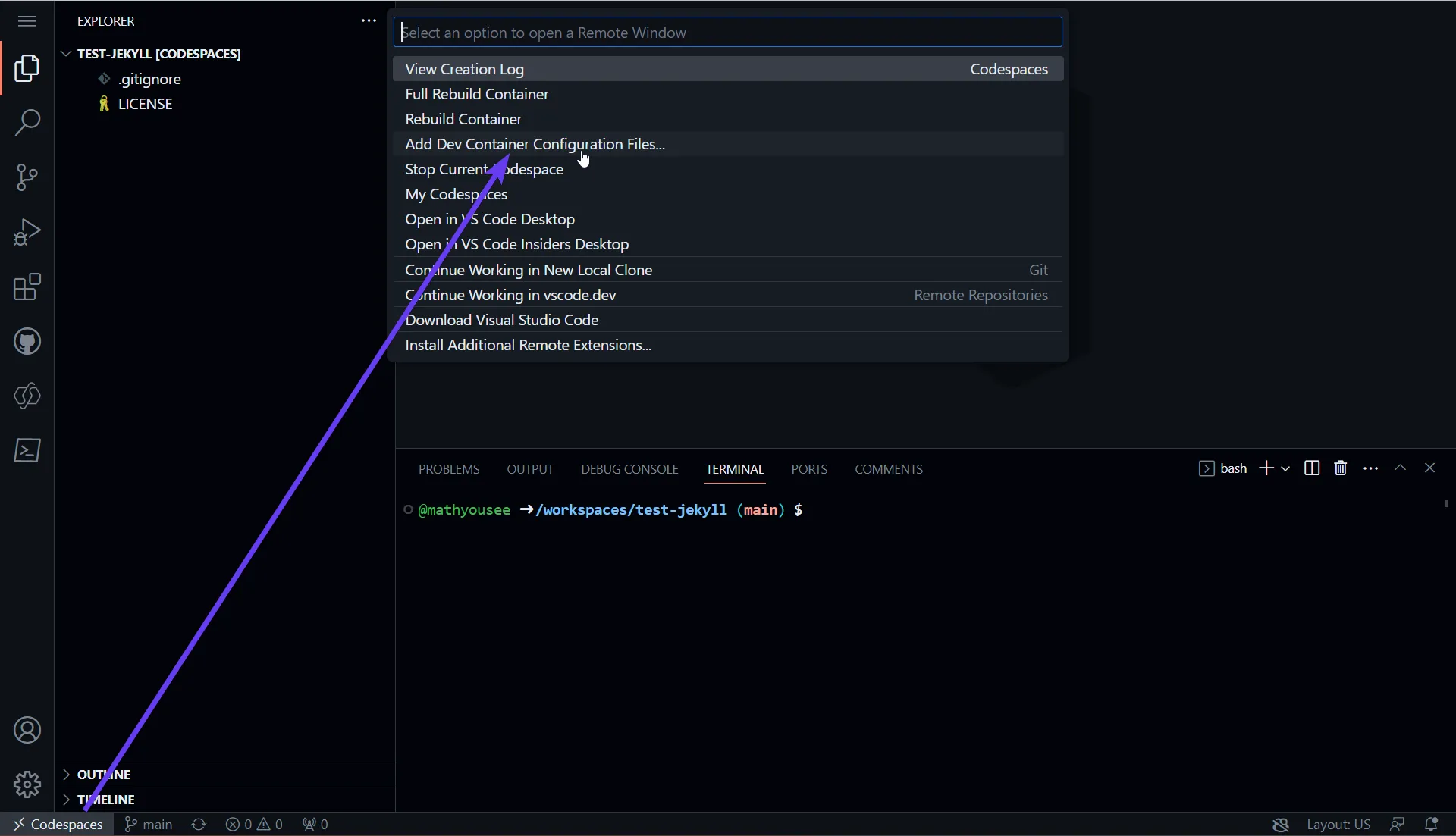 Selecting Add Dev Container from the command palette