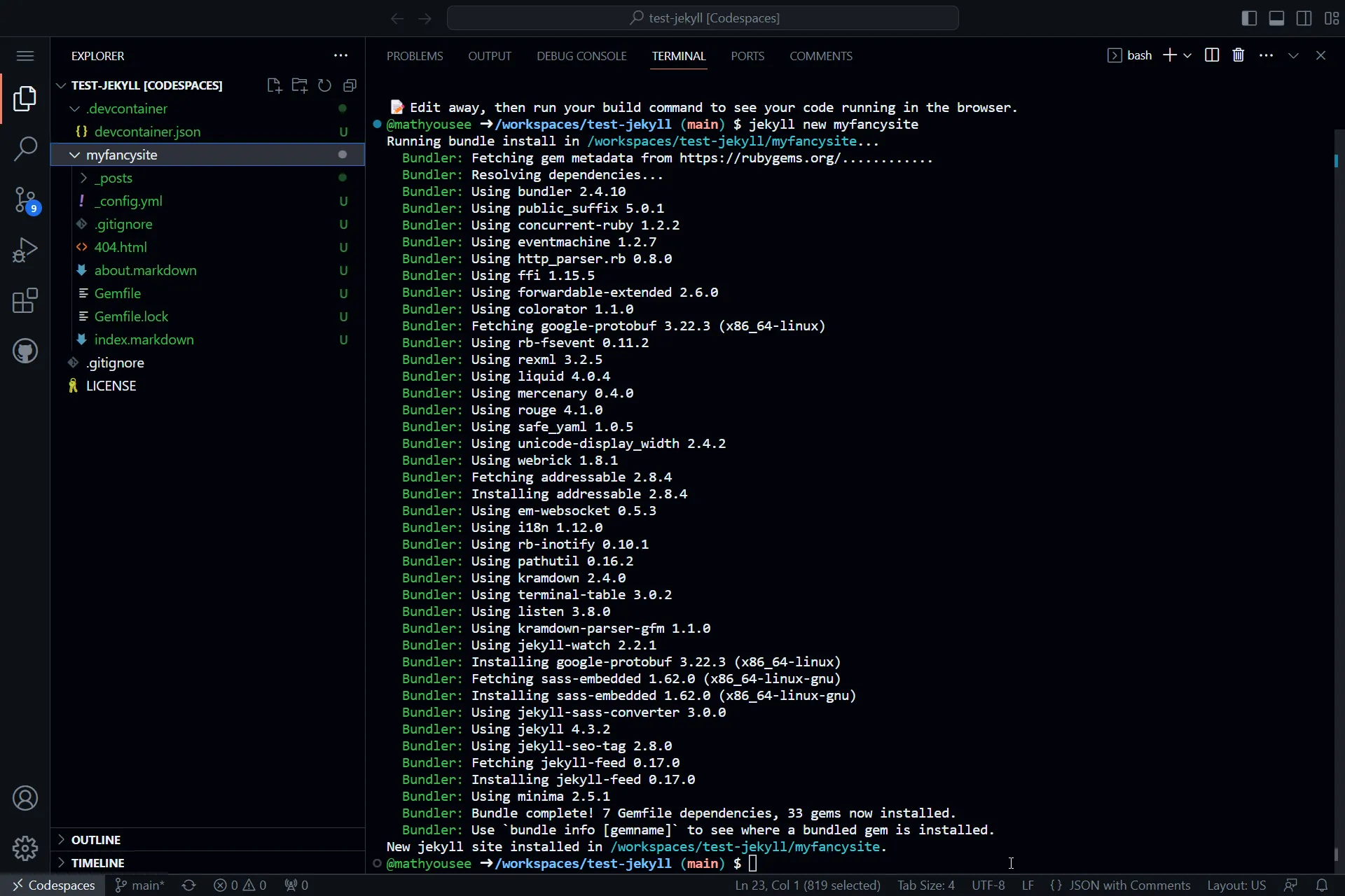 Codespace showing progress of the jekyll new site command