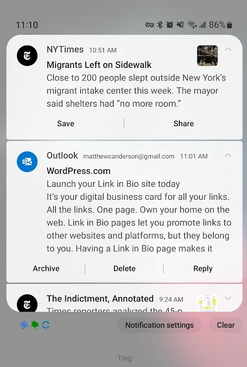 Screenshot of email notification from WordPress.com to \