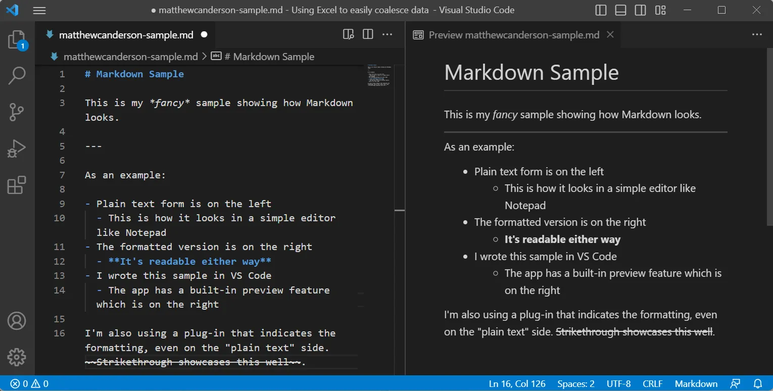 A text editor on the left with plain text and a preview on the right showing the formatted version.