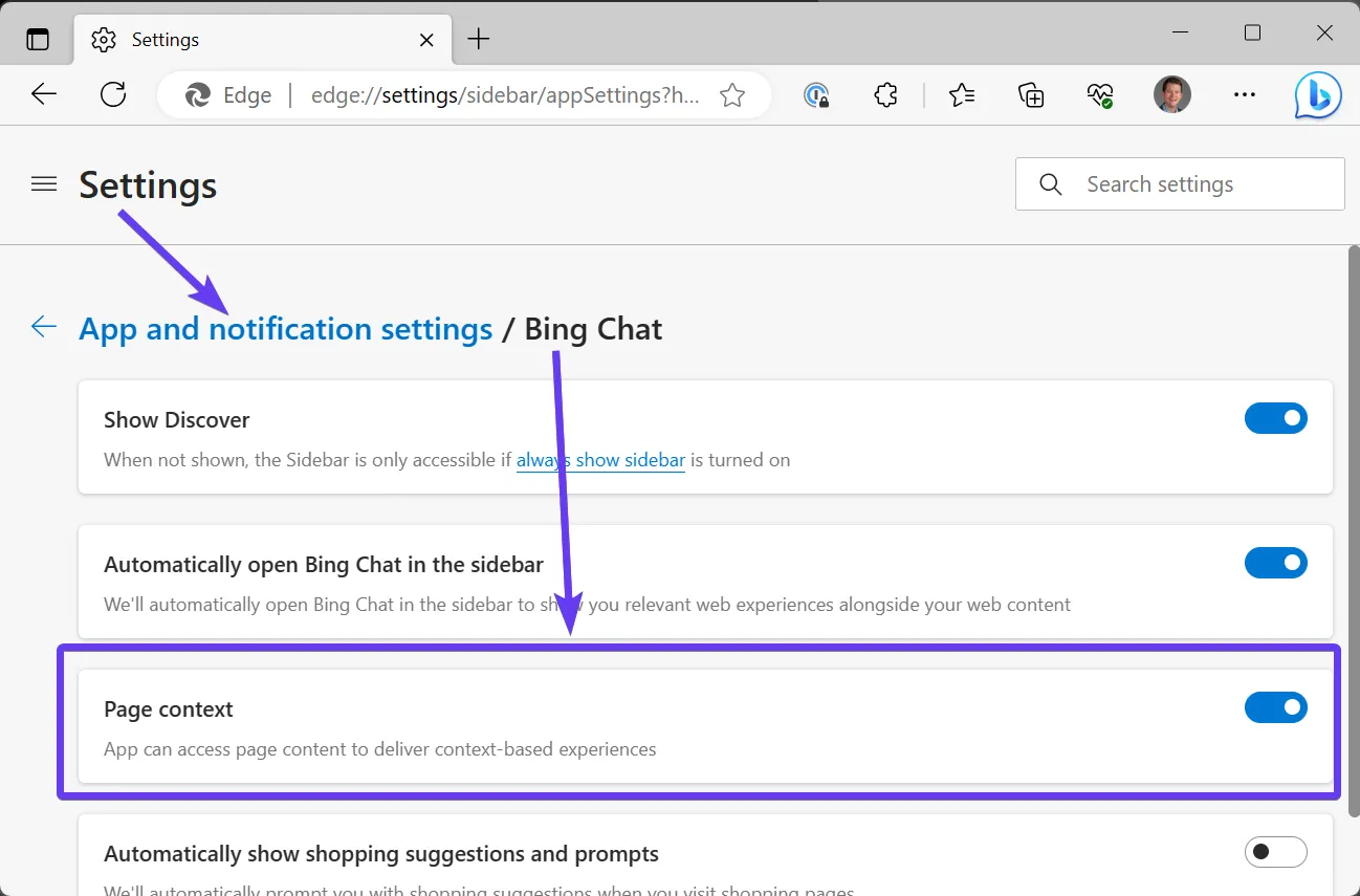 The Edge browser settings for Bing Chat, with \