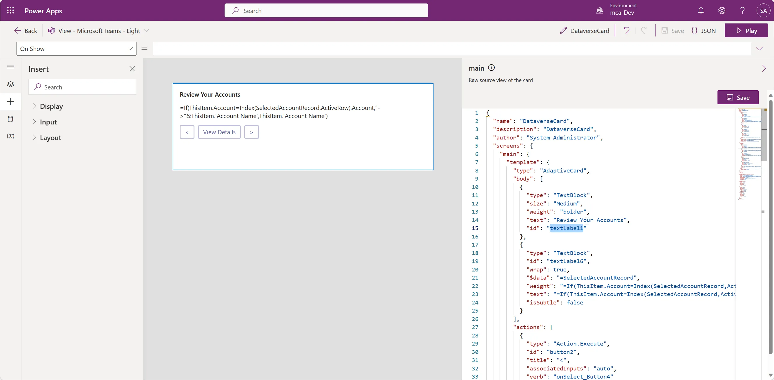 The editor screen for the Card, with tools on the left, a card definition in the middle, and the JSON on the right.