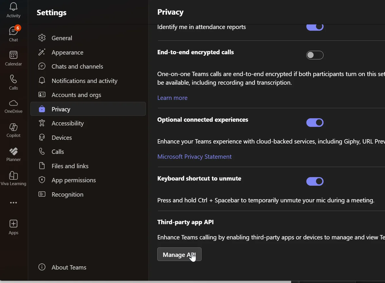 Teams settings, privacy, Third-party app API, Manage API