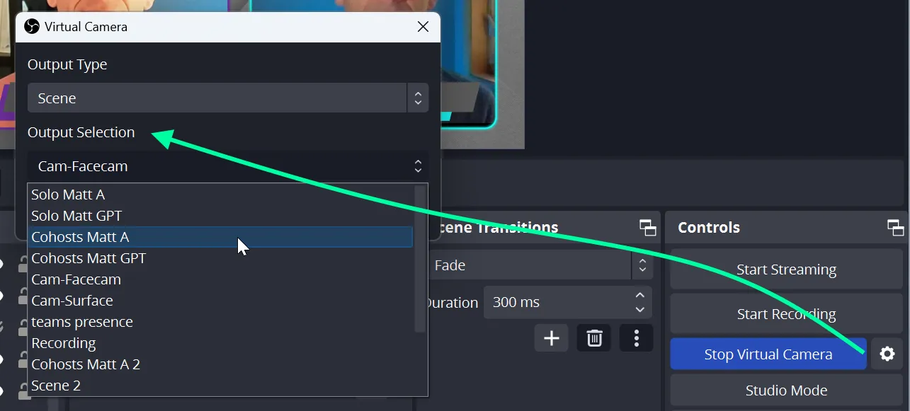 Screenshot of the OBS studio virtual camera output selector